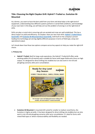Choosing the Right Claydon Drill Hybrid T-Trailed vs. Evolution M-Mounted