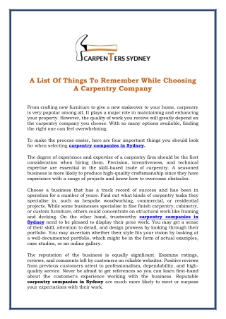 A List Of Things To Remember While Choosing A Carpentry Company
