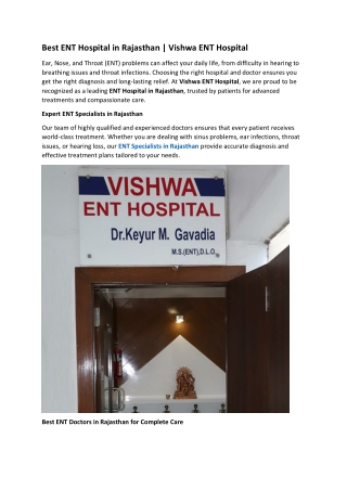 Best ENT Hospital in Rajasthan  Vishwa ENT Hospital
