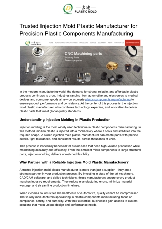 Trusted Injection Mold Plastic Manufacturer for Precision Plastic Components Manufacturing