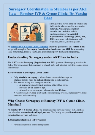 Surrogacy Coordination in Mumbai as per ART Law – Bombay IVF & Gynae Clinic, Dr. Varsha Bhat