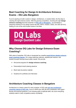 Best Coaching for Design & Architecture Entrance Exams – DQ Labs Bangalore