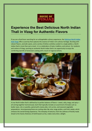 Experience the Best Delicious North Indian Thali in Vizag for Authentic Flavors