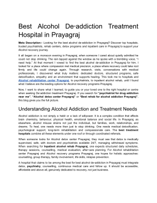 Best Alcohol De‑addiction Treatment Hospital in Prayagraj