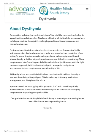 Dysthymia (Persistent Depression) Treatment in NJ