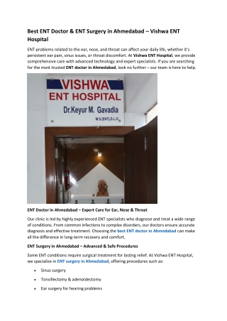 Best ENT Doctor & ENT Surgery in Ahmedabad – Vishwa ENT Hospital