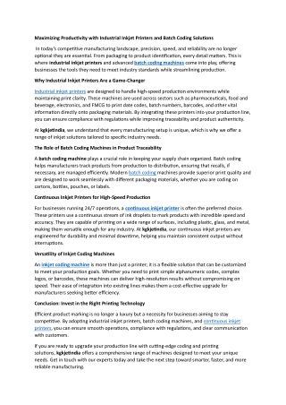 Maximizing Productivity with Industrial Inkjet Printers and Batch Coding Solutions