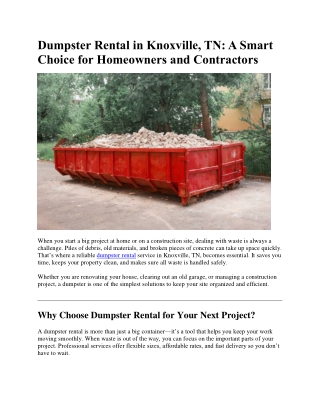 Dumpster Rental in Knoxville, TN: A Smart Choice for Homeowners and Contractors