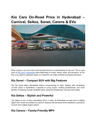 Kia Cars On-Road Price in Hyderabad – Carnival, Seltos, Sonet, Carens & EVs