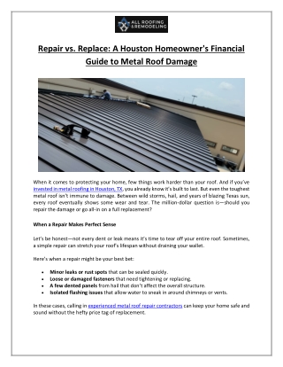 Metal Roofing Houston, TX | Repair or Replace? | ARR