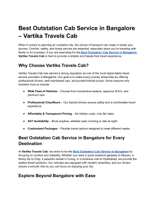 Best Outstation Cab Service in Bangalore – Vartika Travels Cab