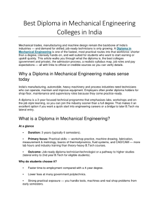 Best Diploma in Mechanical Engineering Colleges in India