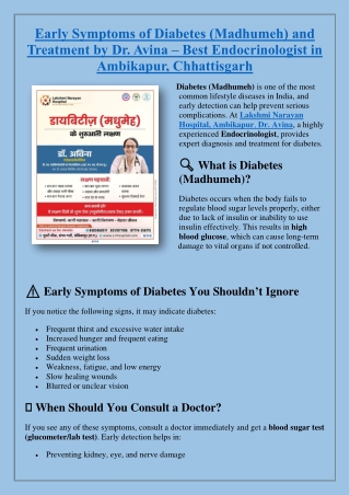 Early Symptoms of Diabetes (Madhumeh) and Treatment by Dr. Avina – Best Endocrinologist in Ambikapur, Chhattisgarh