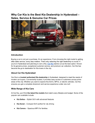 Why Car Kia is the Best Kia Dealership in Hyderabad – Sales, Service & Genuine Car Prices
