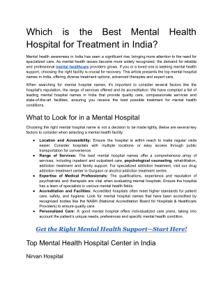 Which is the Best Mental Health Hospital for Treatment in India?