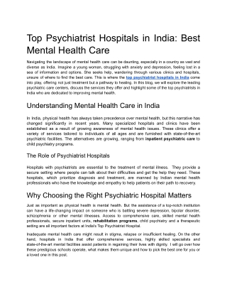 Top Psychiatrist Hospitals in India: Best Mental Health Care