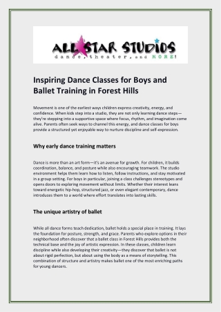 Inspiring Dance Classes for Boys and Ballet Training in Forest Hills