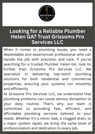 Looking for a Reliable Plumber Helen GA Trust Grissoms Pro Services LLC
