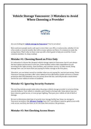 Vehicle Storage Vancouver: 3 Mistakes to Avoid When Choosing a Provider