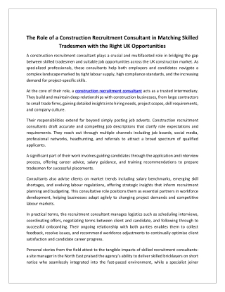 The Role of a Construction Recruitment Consultant in Matching Skilled Tradesmen with the Right UK Opportunities