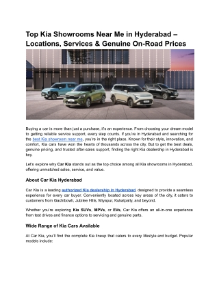 Top Kia Showrooms Near Me in Hyderabad – Locations, Services & Genuine On-Road Prices