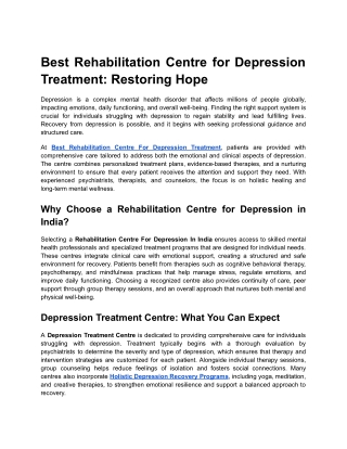 Best Rehabilitation Centre for Depression Treatment : Restoring Hope