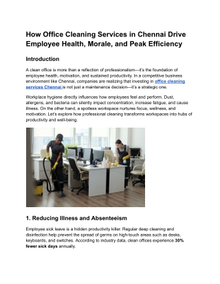 How Office Cleaning Services in Chennai Drive Employee Health, Morale, and Peak Efficiency
