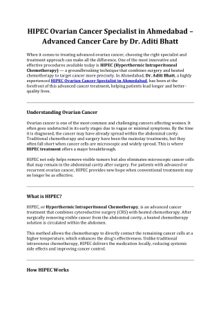 HIPEC Ovarian Cancer Specialist in Ahmedabad – Advanced Cancer Care by Dr. Aditi