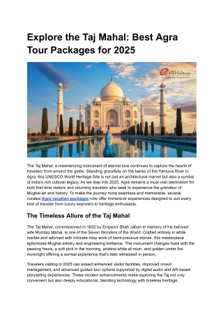 Explore the Taj Mahal: Best Agra Tour Packages for 2025