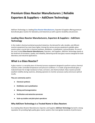 Premium Glass Reactor Manufacturers _ Reliable Exporters & Suppliers – AdiChem Technology