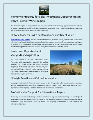 Piemonte Property for Sale: Investment Opportunities in Italy's Premier Wine Reg
