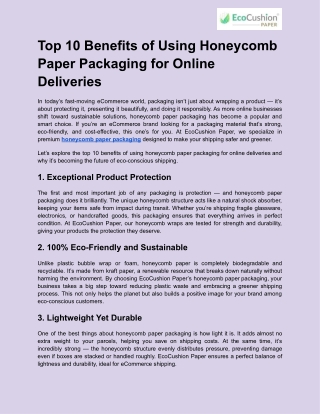 Top 10 Benefits of Using Honeycomb Paper Packaging for Online Deliveries