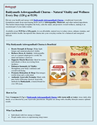 Baidyanath Ashwagandhadi Churna – Your Ayurvedic Solution for Strength, Calm, an