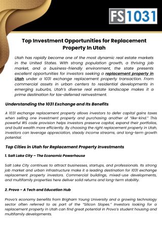 Top Investment Opportunities for Replacement Property In Utah