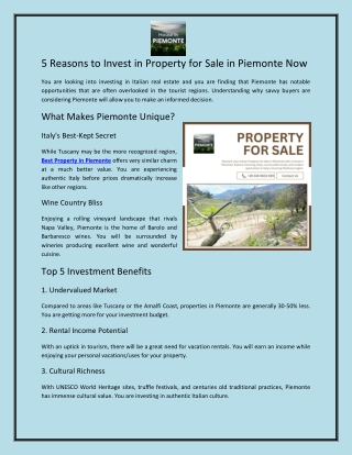 5 Reasons to Invest in Property for Sale in Piemonte Now
