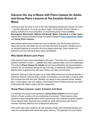Discover the Joy of Music with Piano Classes for Adults and Group Piano Lessons at The Excelsis School of Music