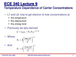 ECE 340 Lecture 9 Temperature Dependence of Carrier Concentrations