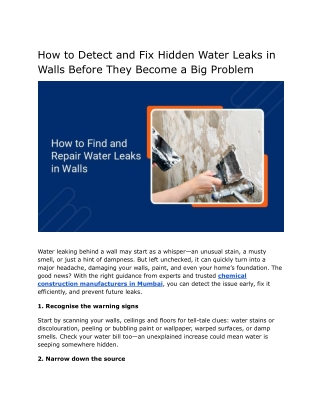 How to Detect and Fix Hidden Water Leaks in Walls Before They Become a Big Problem