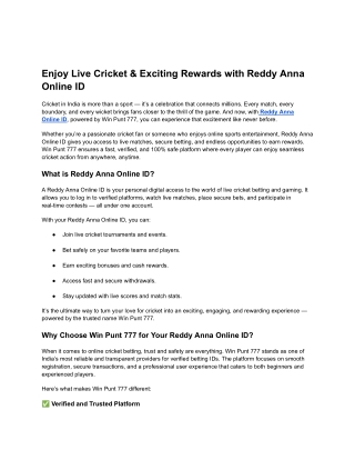 Enjoy Live Cricket & Exciting Rewards with Reddy Anna Online ID