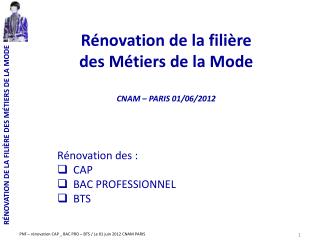 Rénovation de la filière des Métiers de la Mode CNAM – PARIS 01/06/2012