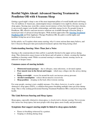 Restful Nights Ahead Advanced Snoring Treatment in Pendleton OR with 4 Seasons Sleep