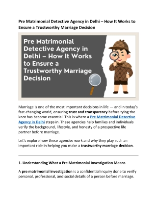 Pre Matrimonial Detective Agency in Delhi – How It Works to Ensure a Trustworthy Marriage Decision