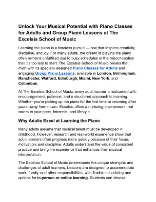 Unlock Your Musical Potential with Piano Classes for Adults and Group Piano Lessons at The Excelsis School of Music