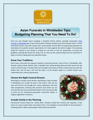 Asian Funerals in Wimbledon Tips Budgeting Planning That You Need To Do!
