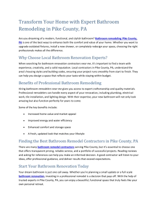 Transform Your Home with Expert Bathroom Remodeling in Pike County, PA