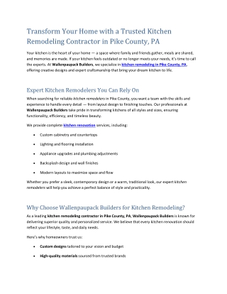 Transform Your Home with a Trusted Kitchen Remodeling Contractor in Pike County, PA