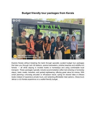 Budget friendly tour packages from Kerala