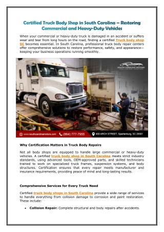 Certified Truck Body Shop in South Carolina – Restoring Commercial and Heavy-Duty Vehicles