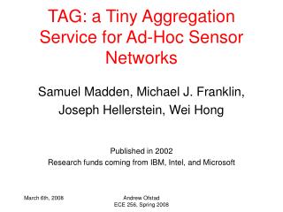 TAG: a Tiny Aggregation Service for Ad-Hoc Sensor Networks
