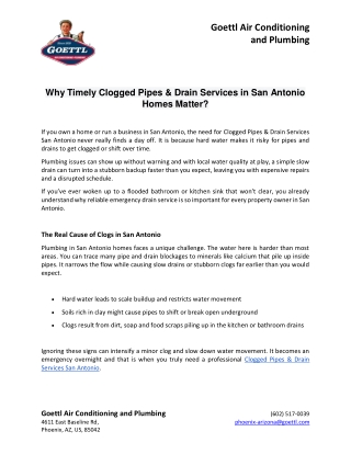Why Timely Clogged Pipes & Drain Services in San Antonio Homes Matter?